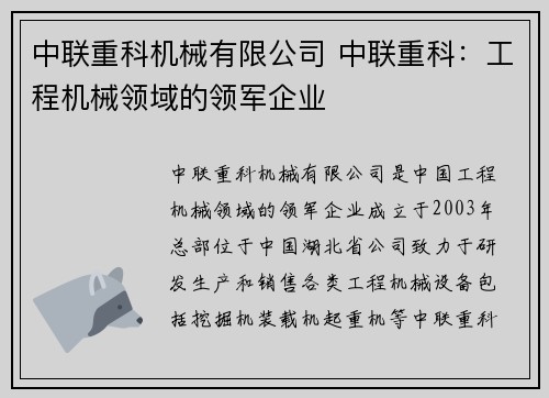 中联重科机械有限公司 中联重科：工程机械领域的领军企业